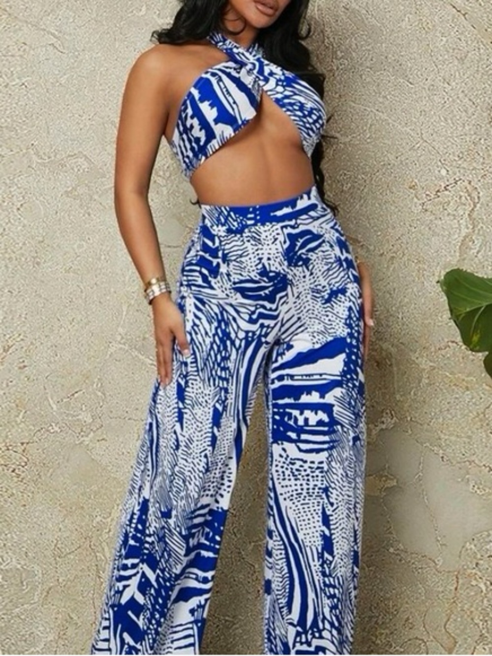 Blue Abstract Wide-Leg Pants - Stylish Women's Jumpsuit Set